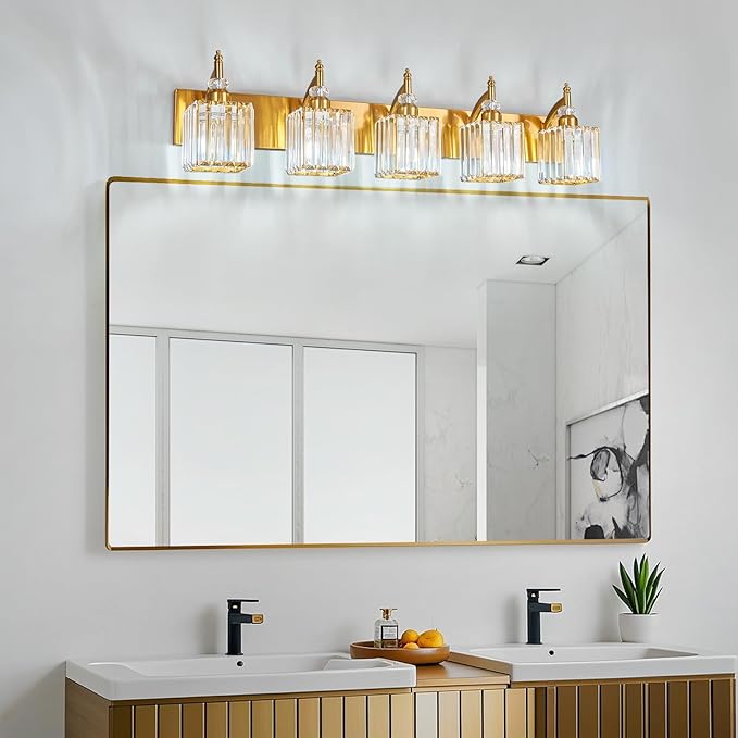 BBLLWJ 5-Light Crystal Vanity Lights - Gold, Modern Over-Mirror Bathroom Light Fixtures