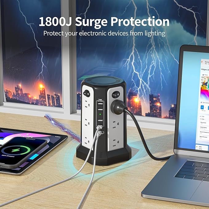 10FT Extension Cord with Multiple Outlets|PASSUS Surge Protector Power Strip with USB C(PD18W) Port|Flat Plug Braided Cord|Tower Outlets with USB Ports,Overload Protection for Home Office DormRoom
