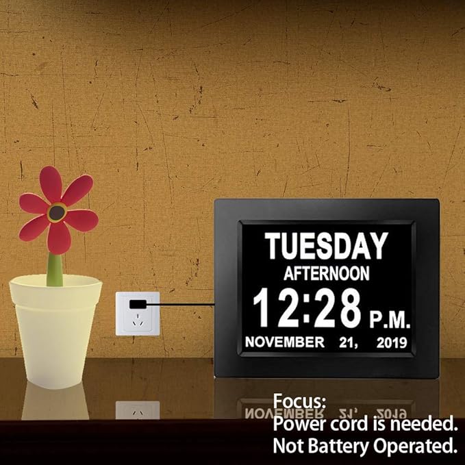 【New 2024】 Digital Calendar Alarm Day Clock - with 8" Large Screen Display, am pm, Multiple Alarms, for Impaired Vision People, The Aged Seniors, The Dementia, for Desk, Wall Mounted, Black