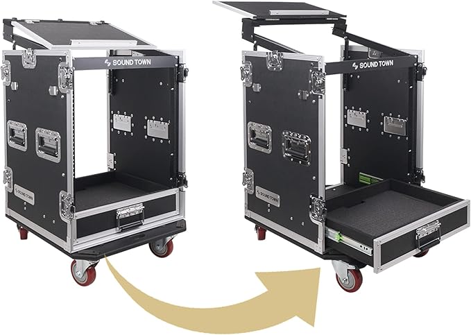 Sound Town 14U PA DJ Pro Audio Rack/Road ATA Case with 2U Drawer, 11U Slant Mixer Top, DJ Work Table, Casters, Pro Tour Grade (MR-DR14UT)