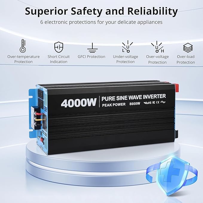 4000W Pure Sine Wave Inverter, 1 USB Port 5v/3.4a,LCD Display&Remote Controller for Home, RV, Truck