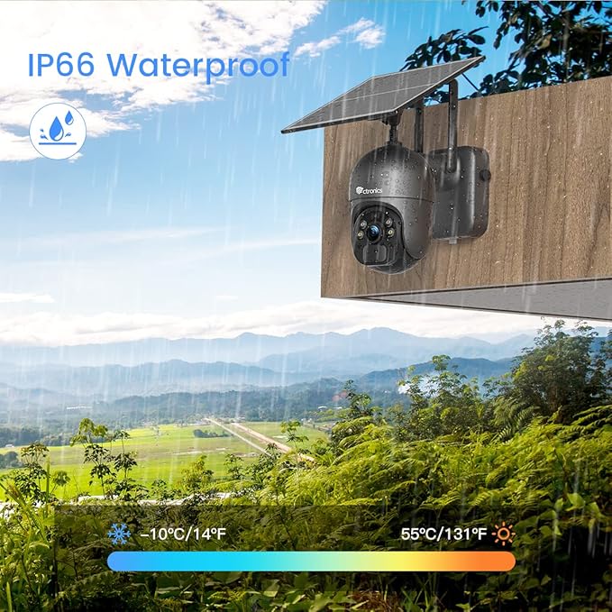 Ctronics 3MP Solar Security Camera Wireless Outdoor WiFi, PTZ Surveillacne Camera Battery-Powered for Home Security, 360° View, LED Light Color Night Vision, PIR Human Detection, 2-Way Audio (Grey)
