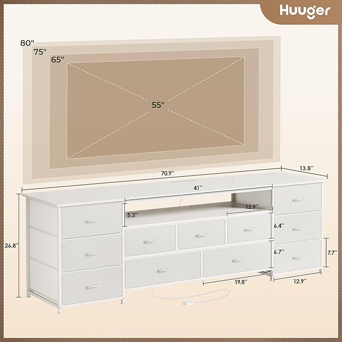 Huuger 70 Inch TV Stand for 75, 80 Inch TV, 11 Drawer Long Dresser with Power Outlets and LED Lights, Entertainment Center with Storage, White Dresser with PU Leather Surface, 1TS011W