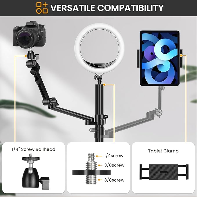 TARION Camera Arm Desk Mount: Heavy Duty DSLR Desktop Mount Camera Stand with Tablet Holder Double C Clamp 1/4 3/8 Screw Adapter Articulating Arm for Selfie Streaming Videography TitanRig Lite Z