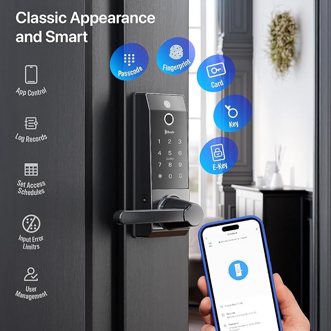 Smart Lock Ring Doorbell Fingerprint Deadbolt for Homeowners or Parents Door Lock with Camera and Door Handle for Renters, Keyless Entry Door Lock for Front Door (Contour V Blacks+)