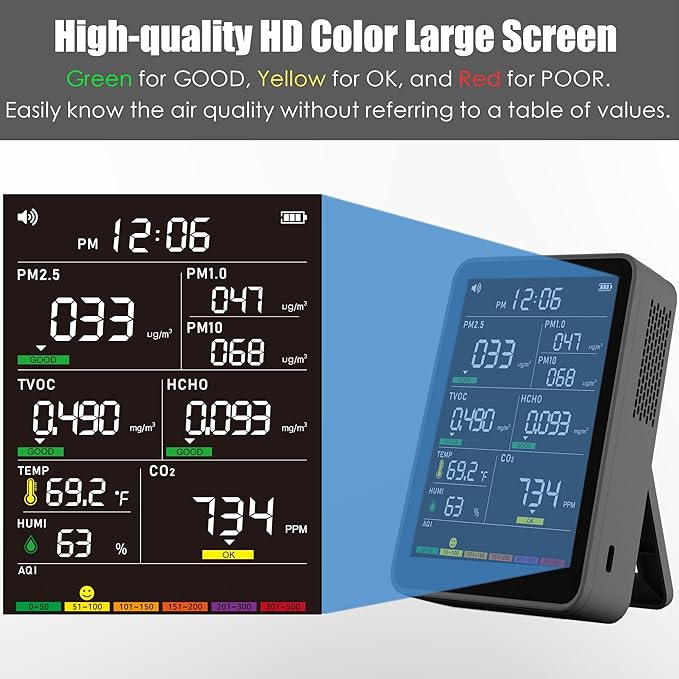 Professional Indoor Air Quality Monitor with AQI Alarms, Portable Real-Time Detector for Home Cars Plants and Pets (Black)