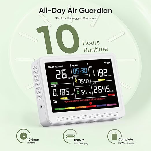 bonoch 16 in 1 Air Quality Monitor Indoor 10h-Battery & 5.5" Display 9 AQI+7 AQI Alerts, CO2 Monitor, Air Quality Tester for CO2, TVOC PM2.5 PM1.0 PM10 HCHO Temperature Humidity AQI & Time Air Meter