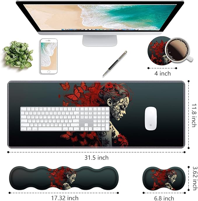Ergonomic Keyboard Wrist Rest & Mouse Pad Wrist Rest Set, Large Gaming Desk Mat 31.5"x 11.8" with Non-Slip Base, Memory Foam, Easy Typing Pain Relief for Home & Office, Tattooed Girl and Red Butterfly