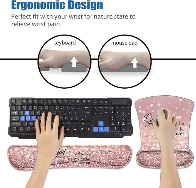 Ergonomic Mouse Pad Wrist Support and Keyboard Wrist Rest Set with Coasters, Non-Slip PU Base, Easy Typing and Relieve Wrist Pain, Perfect for Home Office Working Studying, Bible Verse Psalm 46:5