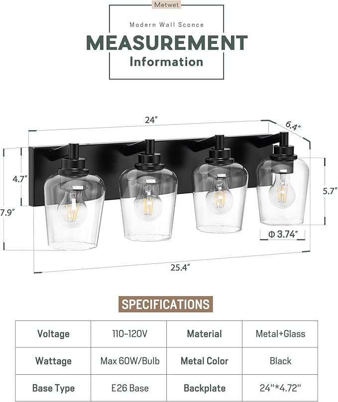 METWET Bathroom Light Fixtures, 4-Light Modern Vanity Light with Clear Glass Wine Glass-Shaped Shade, Vanity Lighting Fixtures Over Mirror, Matte Black, VL155-MB-4