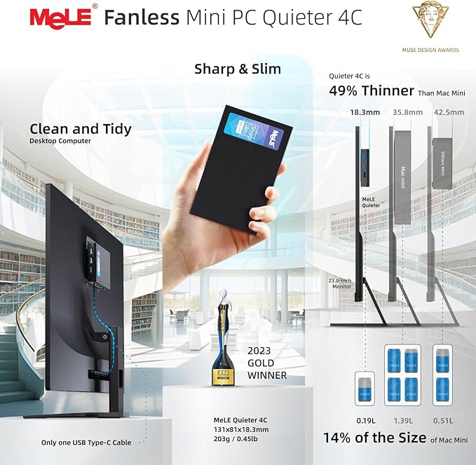 MeLE Mini PC Quieter 4C - 12th Gen N100, Fanless PC, 8GB Memory, 128GB Storage, 2.4/5G Wi-Fi, Full-Functional USB-C, 4K Triple Display Desktop on Home, Office, Education, Astrophotography