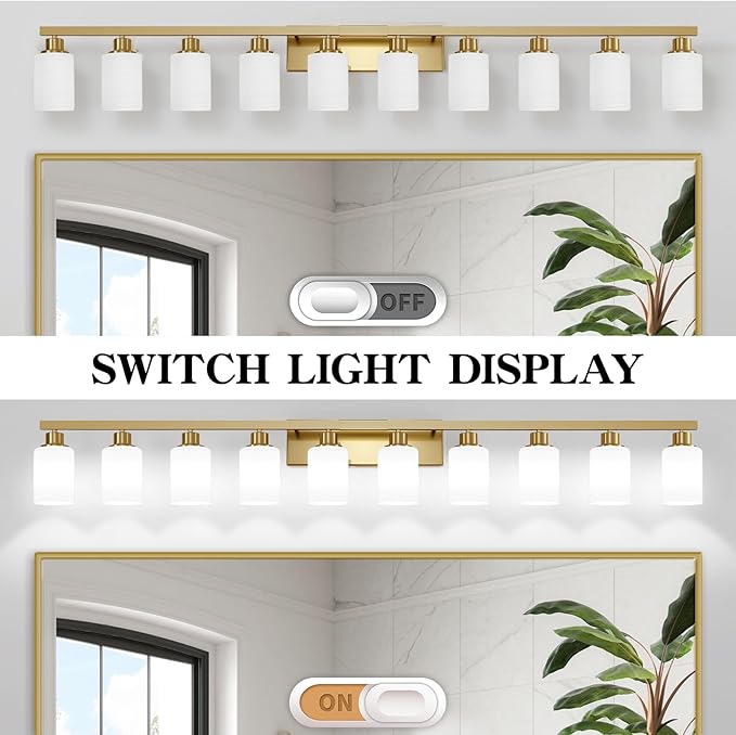 DIKAIDA Gold Bathroom Vanity Light,10-Light Brushed Gold Bathroom Light Fixtures with White Frosted Glass,64.5in Wall Lamp Sconces for Mirror Bedroom,Living Room Hallway,E26
