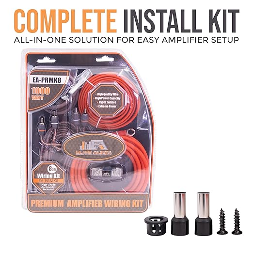 Elite Audio Premium 8 Gauge CCA Amplifier Installation Wiring Amp Kit, 1000 watt High-Power Wiring with Triple Shielded RCA’s and ANL Fuse Holder - EA-PRMK8 Amp Install Kit