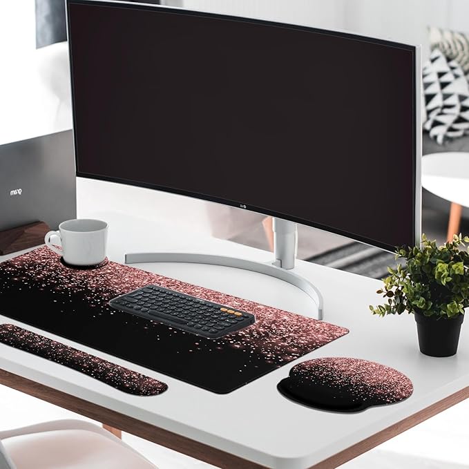 Britimes Rose Gold Pink Keyboard Mouse Pad Set Black Golden 4in1 Large Mousepad+Keyboard Wrist Rest+Mouse Wrist Rest+Coaster Ergonomic Design for Home Office Computer 35.4x15.7 inches