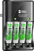 EBL Rechargeable AAA Batteries 4 Packs, Battery Charger with Foldable AC Power Plug for AA AAA 9V Ni-MH Ni-CD Rechargeable Batteries