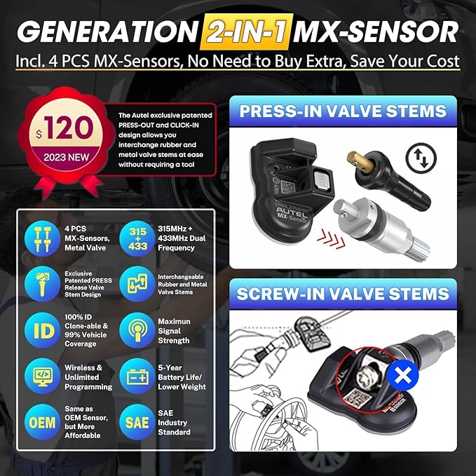 2026 Autel MaxiTPMS TS508WF KIT TPMS Programming Tool, WiFi Ver. of TS508K TS508 TS501 TS601 with 120bucks 4PCS 315 433MHz MX Sensors, Relearn Activiate All Sensor, Clear TPMS DTCs, Lifetime Update