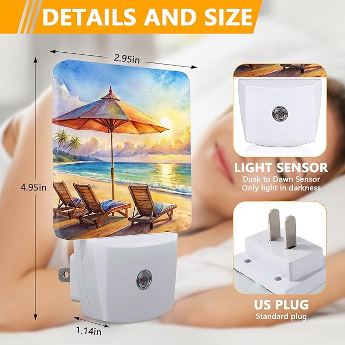 GANTINIR Watercolor Ocean Beach Sunrise Night Light, Plug-into Lounger Nightlight White LED Lamp, Energy Efficient Decor Desk Lamp for Bedroom Hallway Stairs Bathroom