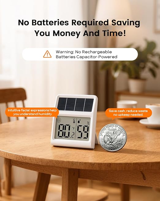 Digital Indoor Thermometer & Hygrometer, Light Powered (No Rechargeable Batteries Runs Only on Real-time Light Exposure) Solar Indoor Temperature and Humidity Monitor, Humidity Gauge