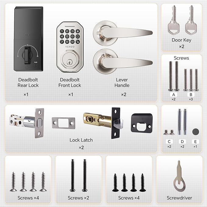 VCHOO Keyless Entry Door Lock Set Smart Locks for Front Door Keypad Door Lock with Handle Auto Lock One Time Password Anti Peeping Password IP54, Satin Nickel