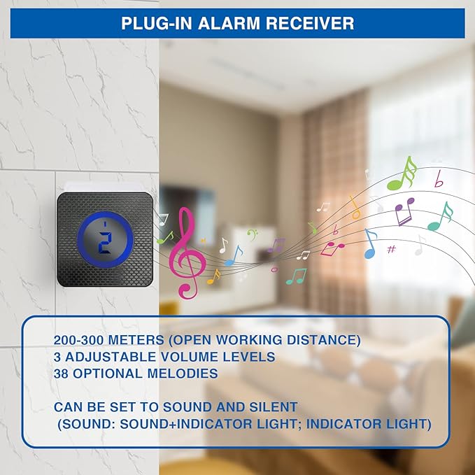 Solar Wireless Driveway Alarm Outdoor Weather-Resistant Motion Sensor Detector Doorbell Chime, DIY Security Alert System (1 Sensor & 2 Doorbell)