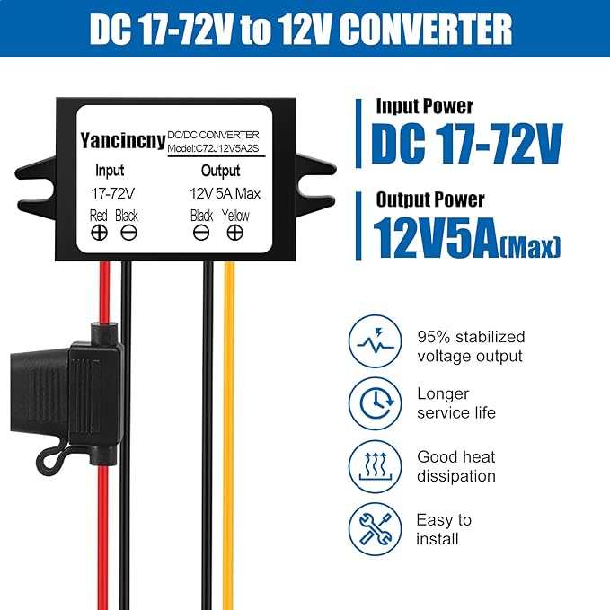 Yancincny DC 24V 36V 48V 60V 72V Step Down to 12V 5A 60W Converter Regulator Reducer Power Supply Module Buck Transformer, Waterproof DC 24V to 12V Converter with Fuse for Golf Cart