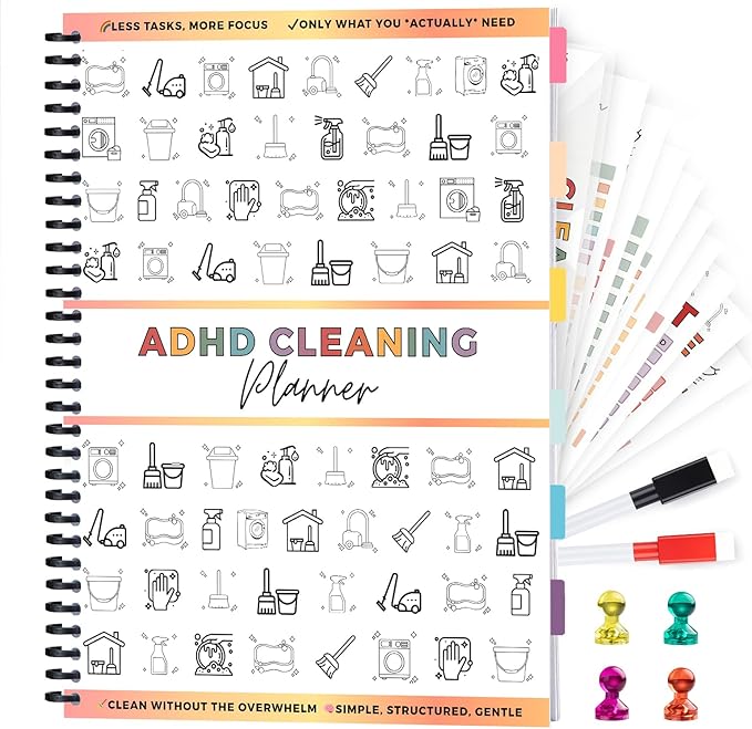 ADHD Cleaning Planner – Reusable Dry-Erase Sleeve Fridge Kit, Removable Coil Pages, Emergency & After-Party Plans, Cleaning Schedule and Checklist, ADHD Planner for Adults Women