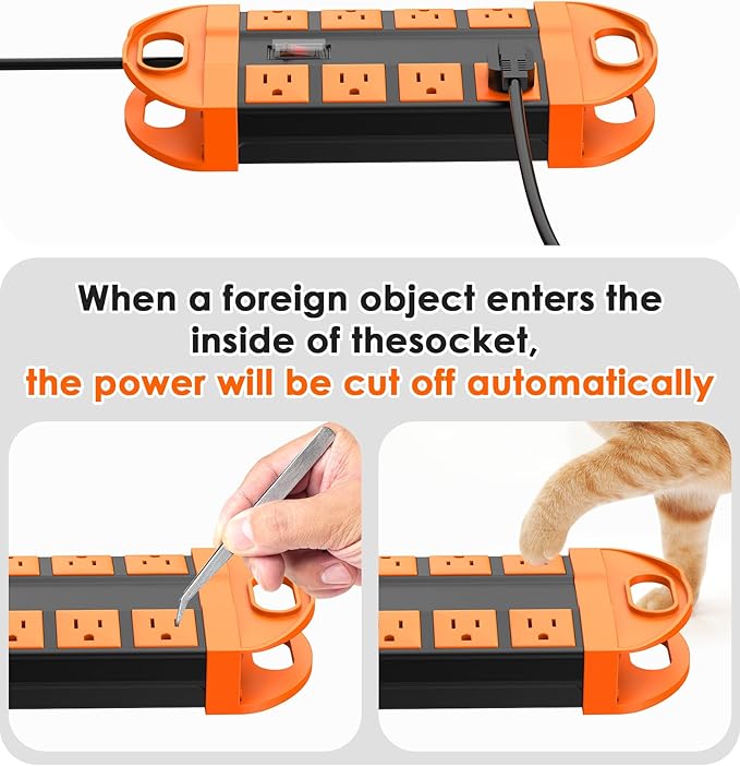 CCCEI Outdoor Power Strip Weatherproof with 8 Plug, Waterproof Extension Cord with Multiple Outlets, Christmas Exterior Garden Yard Surge Protector 25FT, Orange.