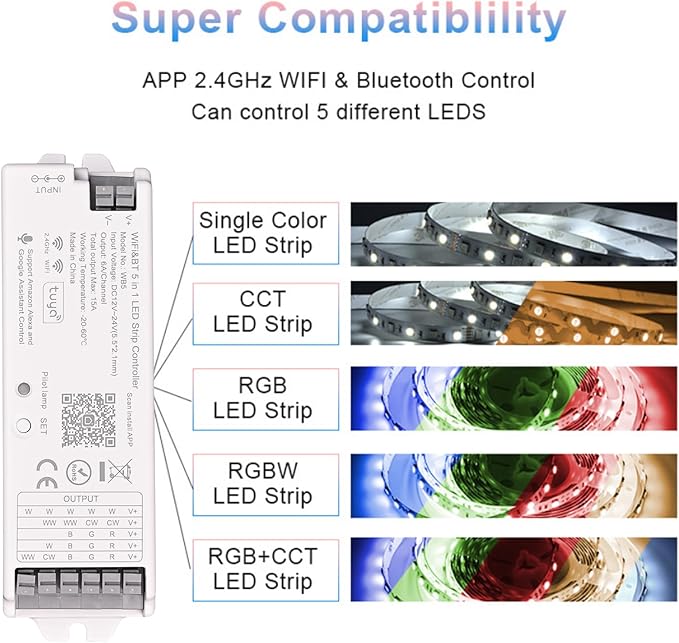 TUNICHX 5 in1 WB5 2.4GHz WiFi PWM LED Controller Compatible with Alexa/Google Home/Tuya Smart Life APP Control for Dimming CCT RGB RGBCCT RGBW LED Strip Match WR01RF WR02RF etc RF Remote