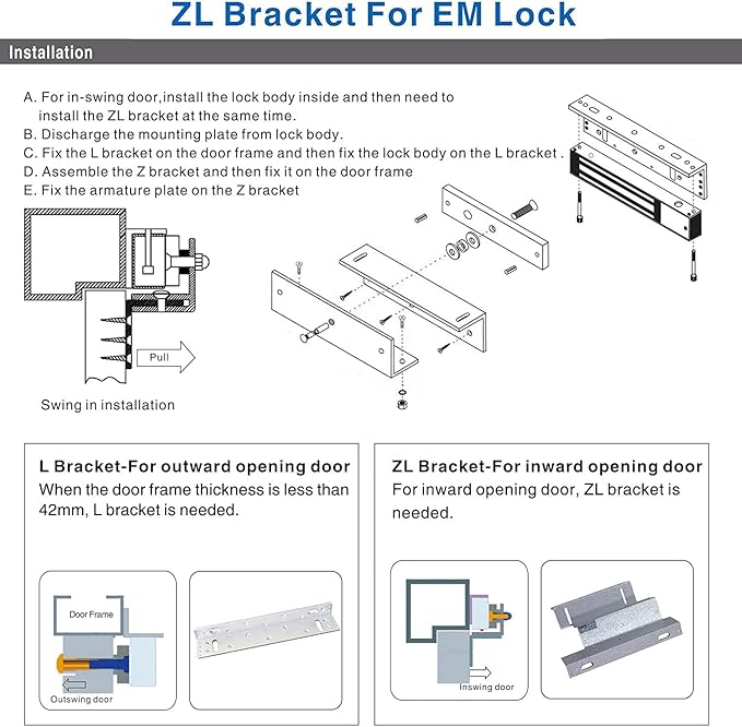 Electric Magnetic Lock with Z and L Bracket 280KG 600LBS Holding Force Electromagnet Lock 12V Fail Safe NC Mode Single Door for Access Control System