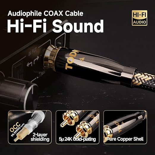 TODN HiFi Digital Coaxial Audio Cable for Audiophile 75-Ohm SPDIF Coax with O-C-C Core, Dual Shielded, 24K Gold-Plated Plug (3ft /1m)