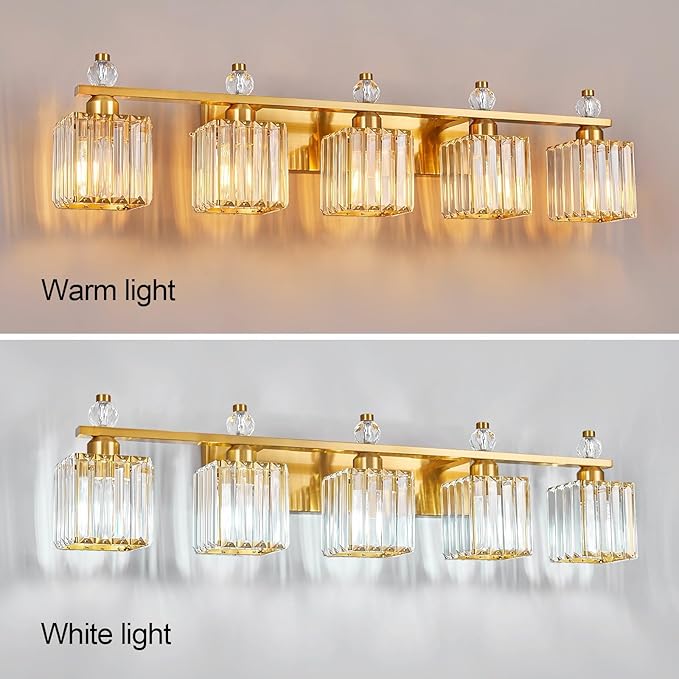 FDPBY Vanity Lights 5-Light Modern Crystal Vanity Light Gold Bathroom Light Fixtures Over Mirror Crystal Bathroom Vanity Lighting Fixtures