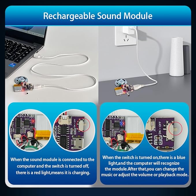 Voice Module,MP3 Music Sound Chips, 16MB Sound Module for Crafts, Christmas, New Year Greeting Cards, Box with Speaker Lithium Battery Powered and USB Cable. (JR-JX7004-Magnet-2P)