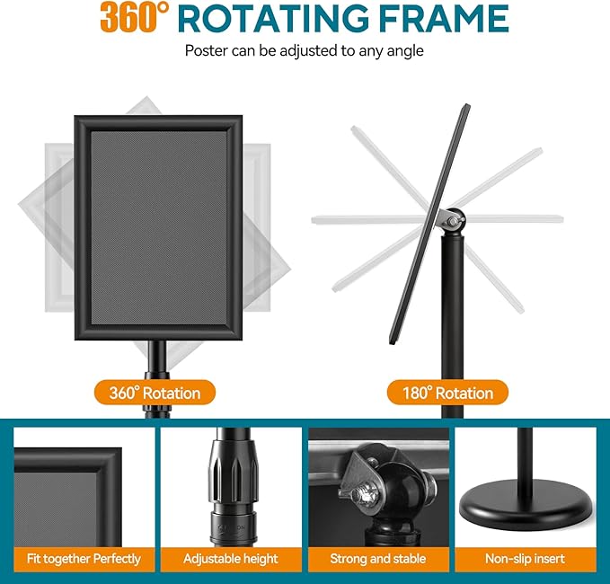 USCNC Sign Holder Stand 8.5x11 inch - Adjustable Floor Standing Sign Holder -Snap open frame,360° Rotation for Malls,Schools,Restaurants (Black 2 Pack)