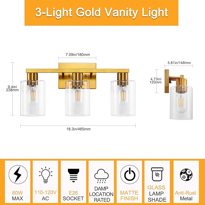 SOPEAS Gold 3-Light Bathroom Vanity Light, Modern Brushed Gold Vanity Lights with Clear Glass Shades, Bathroom Wall Sconce Lamp for Mirror Living Room Bedroom Hallway