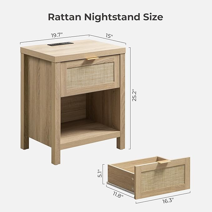 SICOTAS Night Stand with Charging Station - Rattan Nightstand with Type-C and USB Ports, Farmhouse Boho Bed Side Table with Drawer and Open Shelf for Bedroom Small Space, Light Oak