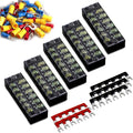 MILAPEAK Terminal Block and Strip - 5pcs 6 Positions 600V 25A Dual Row Screw Terminals Strip with Cover+5pcs Pre-Insulated Barrier Jumper Strips Black & Red + Spade Fork Wire Connectors