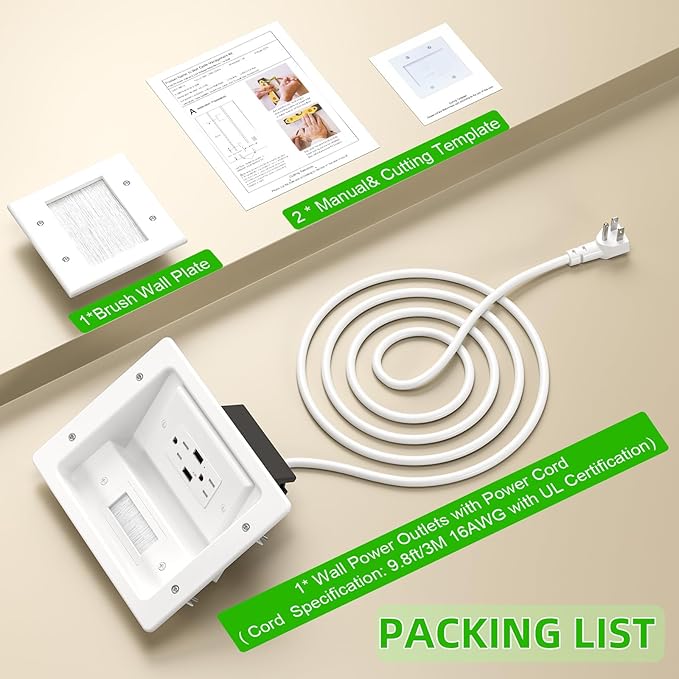 in Wall Cable Management Kit with Brush Wall Plate,AC Outlets & USB Ports,9ft Cord,Hide Cords Recessed Wall Outlet for TV Cable Management,HDMI Cables and Home Theater Systems