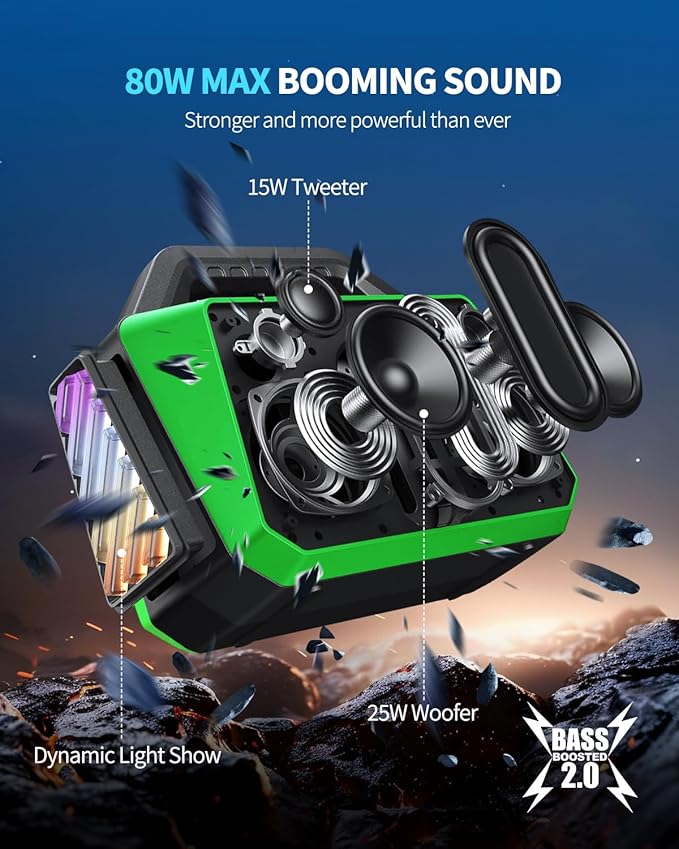 TPWIN Bluetooth Speaker - 80W Loud Rugged Outdoor Speakers, IPX6 Waterproof, 20H Playtime, Deep Bass, Lightshow, TWS, BT 5.3 Wireless, Portable for Travel Hiking Camping Beach Pool - Green