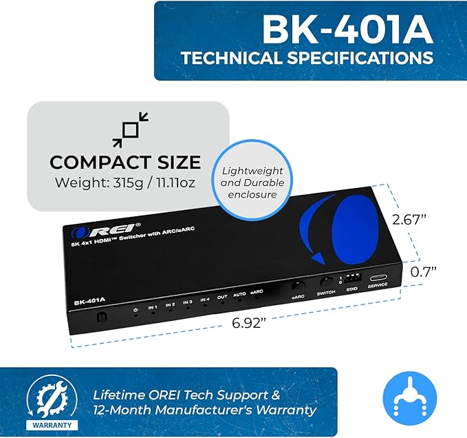 OREI 8K eARC HDMI 2.1 Switch 4x1, Switcher with Audio Extractor UltraHD Supports Upto 4K @ 120Hz PS5, Xbox, Gaming, Remote Contorl IR EDID HDCP 2.3 - Optical Out, L/R Headphones (BK-401ARC)