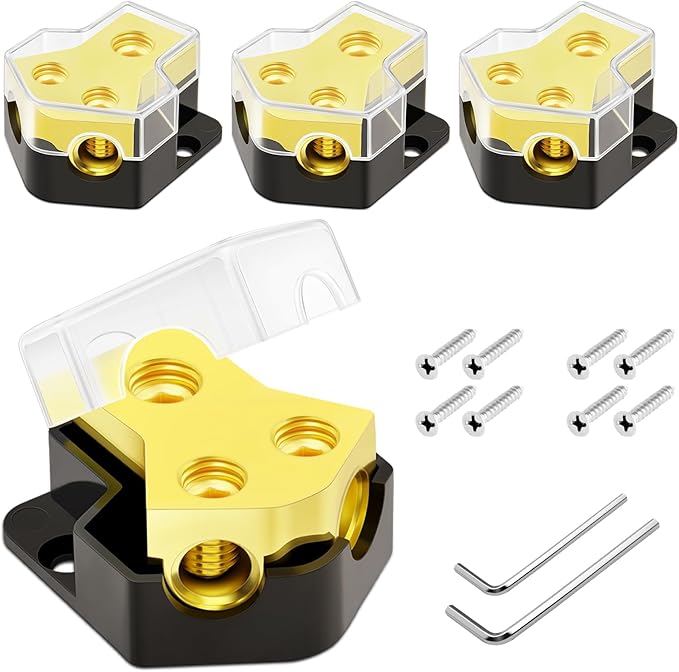 Bolipoeq 12V Power Distribution Block Car Audio 2 Way 0/2/4 Gauge in 4/6/8 Gauge Out, Premium Ground Distribution Block 12 Volt Amp Distribution Block Splitter for Automotive Car Marine Boat (4 Pack)