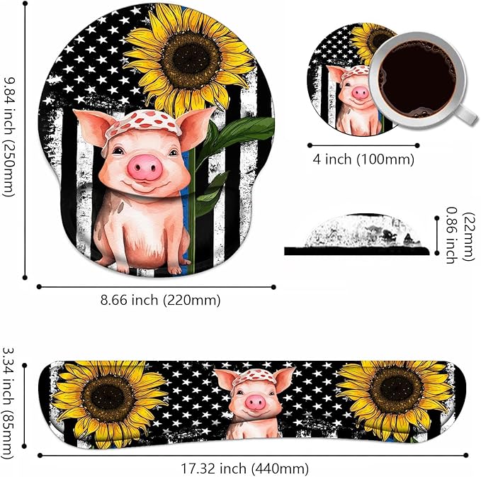 Keyboard Wrist Rest + Mouse Pad Wrist Support Set with Coasters, Non-Slip PU Base Ergonomic Mousepad for Home Office Working Studying Easy Typing & Pain Relief, American Flag Sunflower and Cute Pig