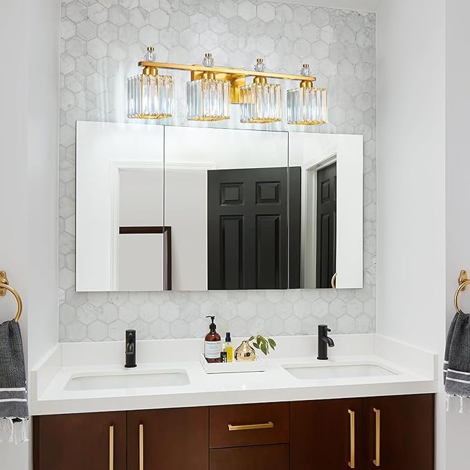 FDPBY Vanity Lights 4-Light Modern Crystal Vanity Light Gold Bathroom Light Fixtures Over Mirror Crystal Bathroom Vanity Lighting Fixtures