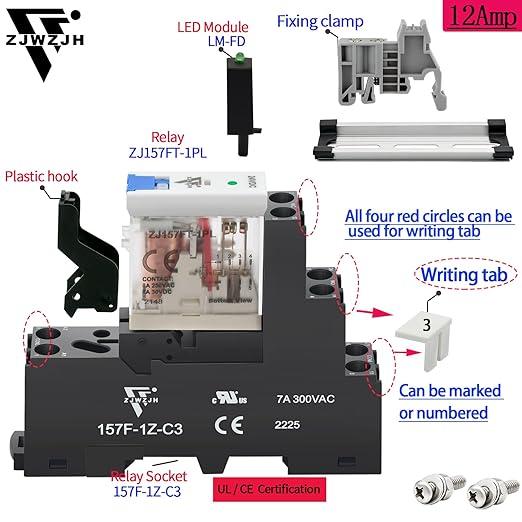 12Amp Power Relay Switch with Test Button SPDT 1NO 1NC with LED Indicator Light and Socket Base UL Certification (5 Pin- 12A, DC 24V)