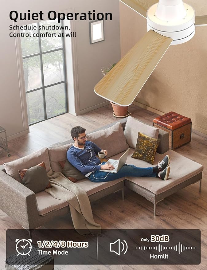 Homlit 42 inch RGB Ceiling Fan with Light, Smart App & Remote Control Low Profile Flush Mount, Music Sync Lighting, 6-Speed Quiet Reversible DC Motor, 4CCT Dimmable for Home Office Party,White