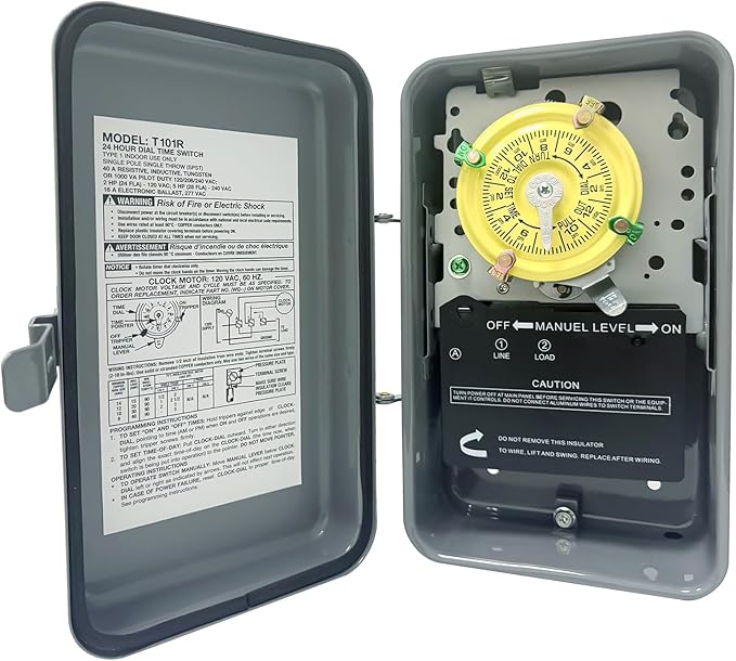 T101R Mechanical Timer Switch, 208–277 VAC 40 Amp,Pool Pump Switch, 24 Hour 12 ON/Off for Pump, Heavy Duty Pool Timers Outdoor, Timer for Pump Lights HVAC Systems, 5 Years Warranty