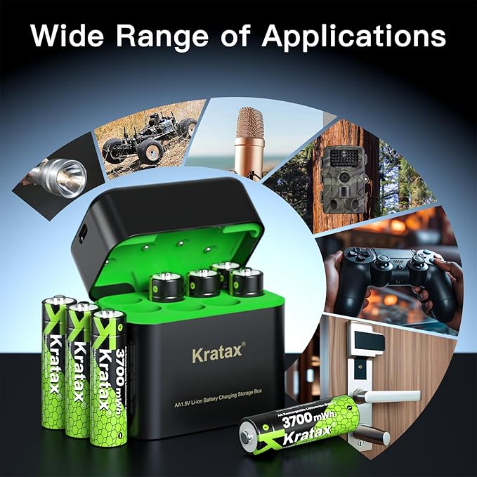 Kratax 3700mWh AA Rechargeable Lithium Batteries with Charger, 8 Pack high Capacity Double A li-ion Batteries 1.5v, Long Lasting, Charging Storage Box with AA Lithium Battery Rechargeable