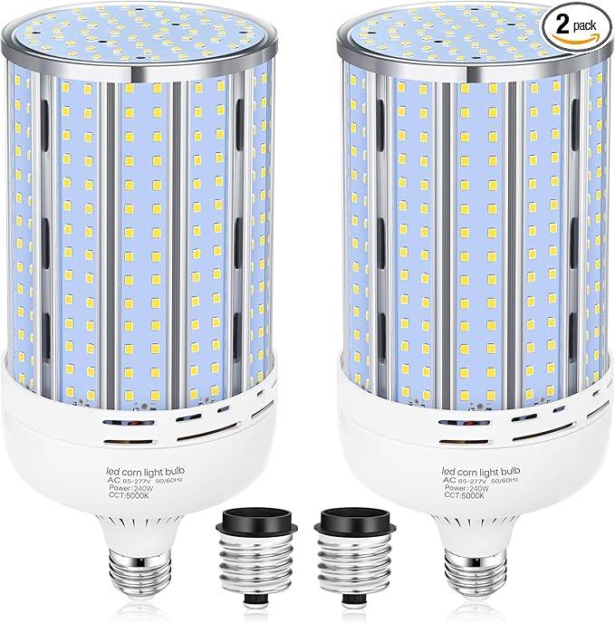 XYCN 2 Pack 240W Corn LED Light Bulb Fanless,5000K Daylight(2400 Watt Equivalent) E26/E39 Large Mogul Base LED Cob Lamp 34,800LM for Outdoor Indoor Garage Warehouse Factory Workshop Street Backyard