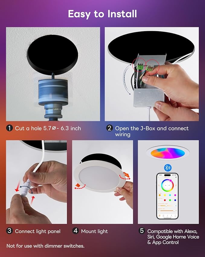 Smart Recessed Lighting 6 Inch, RGBCW Color Changing Canless Recessed Ceiling Lights, Dimmable Retrofit Downlight Compatible with Alexa, Siri, Google Voice & App Control with Junction Box, 6 Pack