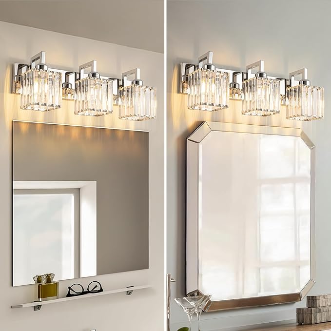 FDPBY Modern Bathroom Vanity Light 3-Lights Chrome Crystal Wall Lamp Bathroom Modern Crystal Vanity Lighting