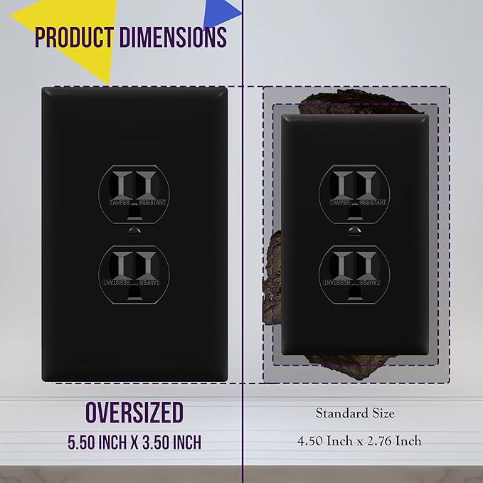ENERLITES Duplex Receptacle Outlet Wall Plate, Jumbo Electrical Outlet Cover, Gloss Finish, Oversized 1-Gang 5.51" x 3.50", Polycarbonate Thermoplastic, 8821O-BK, Black